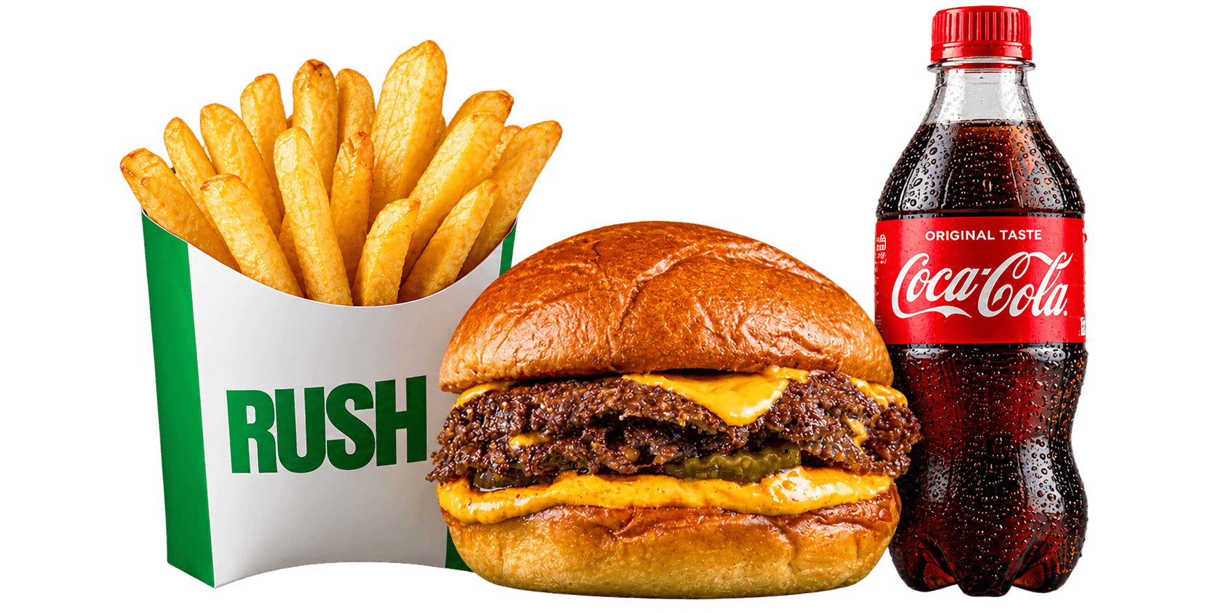 Double Rush burger with fries and a drink