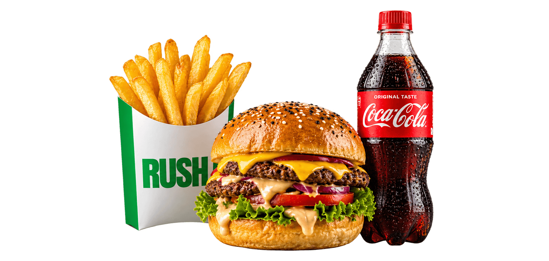 Double Rush burger with fries and a drink
